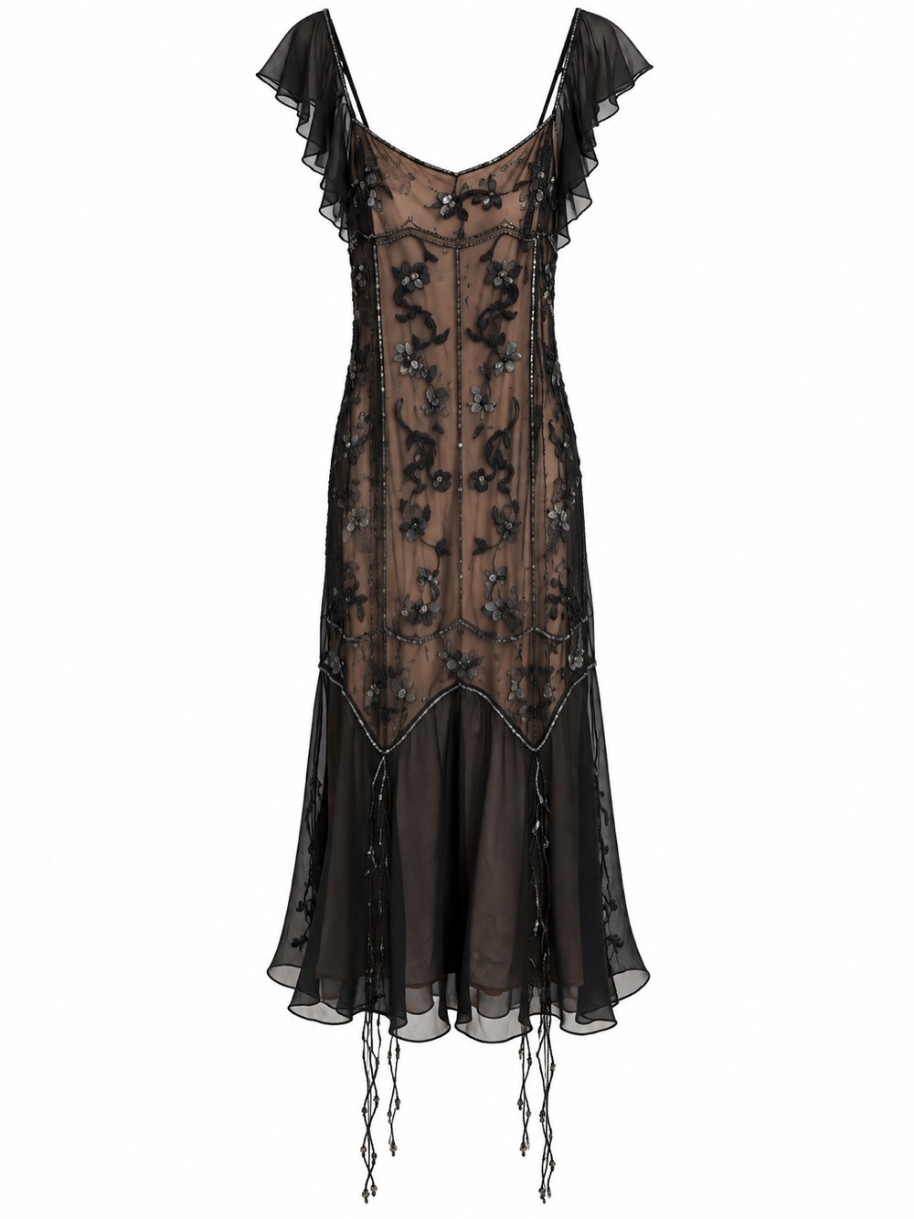 Betsey Johnson Vintage Y2K Sheer Black Over Beige Beaded Gown NWT